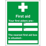RS PRO PVC Green/White, First Aid-Text, English First Aid Sign, 450 x 600mm