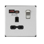 Knightsbridge Brushed Chrome 1 Gang 13A and USB Socket, 1 Pole, 13A, Type G - British, USB, Indoor Use