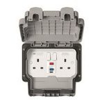 MK Electric 30mA, BS Fixing, Passive, 2 Gang RCD Socket, Polycarbonate, Wall Mount , Switched, IP66 , Outdoor, 240 V,