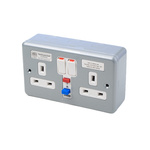 MK Electric 13A, BS Fixing, Active, 2 Gang RCD Socket, Steel, Surface Mount, Switched, 250 V ac, Grey