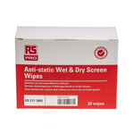 RS PRO Wet Screen Wipes for Laptop Screens, VDU Screens Use, Box of 20