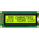 Midas MC21605B6WK-SPTLY-V2 Alphanumeric LCD Alphanumeric Display, 2 Rows by 16 Characters