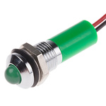 RS PRO Green Panel Mount Indicator, 12V dc, 8mm Mounting Hole Size, Lead Wires Termination, IP67