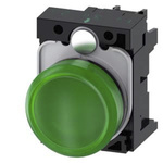 Siemens, 3SU1, Panel Mount Green LED Indicator, 22mm Cutout, Round, 110V ac