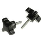 RS PRO Black 4-Arm Clamping Knob, M6, Threaded Stud