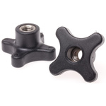 RS PRO Black 4-Arm Clamping Knob, M10, Threaded Through Hole