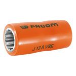 Facom 3/8 in Drive 12mm Insulated Standard Socket, 12 point, VDE/1000V, 46 mm Overall Length