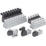 5 port direct acting single solenoid valve 24V dc body ported M5 low power foot bracket