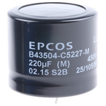 EPCOS 220μF Aluminium Electrolytic Capacitor 450V dc, Snap-In - B43504C5227M000