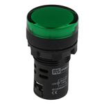 RS PRO, Panel Mount Green LED Pilot Light, 22mm Cutout, IP65, Round, 24V ac/dc
