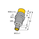 Turck Inductive Barrel-Style Proximity Sensor, M30 x 1.5, 30 mm Detection, PNP Output, 30 V, IP68