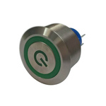 RS PRO Single Pole Double Throw (SPDT) Momentary Green LED Push Button Switch, IP67, 25.2 (Dia.)mm, Panel Mount, Power