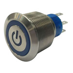 RS PRO Double Pole Double Throw (DPDT) Blue LED Push Button Switch, IP67, 22.2 (Dia.)mm, Panel Mount, Power Symbol,