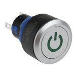 RS PRO Single Pole Double Throw (SPDT) Green LED Push Button Switch, IP65, 22.2 (Dia.)mm, Panel Mount, Power Symbol,