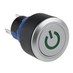 RS PRO Single Pole Double Throw (SPDT) Green LED Push Button Switch, IP65, 22.2 (Dia.)mm, Panel Mount, Power Symbol,