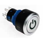 RS PRO Double Pole Double Throw (DPDT) Green LED Push Button Switch, IP65, 22.2 (Dia.)mm, Panel Mount, Power Symbol,