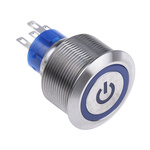 RS PRO Single Pole Double Throw (SPDT) Blue LED Push Button Switch, IP67, 25.2 (Dia.)mm, Panel Mount, Power Symbol,