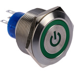 RS PRO Single Pole Double Throw (SPDT) Green LED Push Button Switch, IP67, 25.2 (Dia.)mm, Panel Mount, Power Symbol,