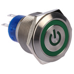 RS PRO Single Pole Double Throw (SPDT) Green LED Push Button Switch, IP67, 22.2 (Dia.)mm, Panel Mount, Power Symbol,