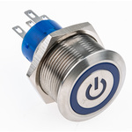 RS PRO Single Pole Double Throw (SPDT) Blue LED Push Button Switch, IP67, 22.2 (Dia.)mm, Panel Mount, Power Symbol,