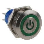 RS PRO Double Pole Double Throw (DPDT) Momentary Green LED Push Button Switch, IP67, 22.2 (Dia.)mm, Panel Mount, Power