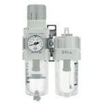 SMC 1/4 in, 1/8 in Filter Regulator Lubricator, Automatic Drain, 5μm Filtration Size - With Pressure Gauge