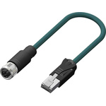 RS PRO Cat5e Straight Female M12 to Male RJ45 Ethernet Cable, Teal PUR Sheath, 5m