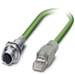 Phoenix Contact Cat5e Straight Female M12 to Straight RJ45 Ethernet Cable, Aluminium Foil, Tinned Copper Braid, Green,