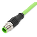 Wago Cat5e Straight Male M12 to Ethernet Cable, Aluminium Foil, Tinned Copper Braid, Green Polyurethane Sheath, 20m,