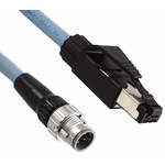 Omron Cat5e Right Angle Male M12 to Straight Male RJ45 Ethernet Cable, Black PUR Sheath, 5m, Self-extinguishing