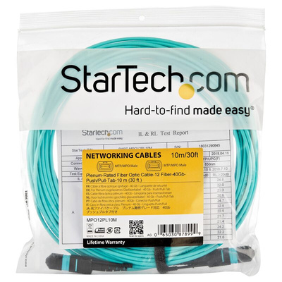 Startech MPO to MPO Multi Mode OM3 Fibre Optic Cable, 50/125μm, Aqua, 10m