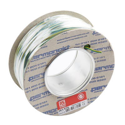 RS PRO Green/Yellow 0.75 mm² Hook Up Wire, 18 AWG, 24/0.2 mm, 100m, PVC Insulation