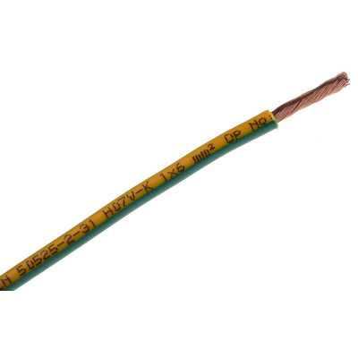 RS PRO Green/Yellow 6 mm² Hook Up Wire, 75/0.3 mm, 100m, PVC Insulation