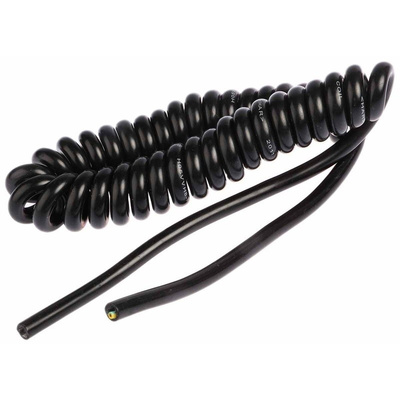 1m 3 Core Coiled Cable 0.75 mm² CSA Polyvinyl Chloride PVC Sheath Black, 24mm OD