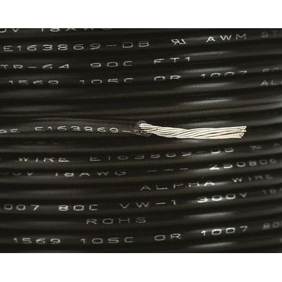 Alpha Wire Black 0.75 mm² Hook Up Wire, 18 AWG, 16/0.25 mm, 30m, PVC Insulation