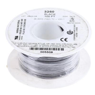 Alpha Wire Premium Series Black 0.2 mm² Hook Up Wire, 24 AWG, 7/0.20 mm, 30m, SR-PVC Insulation