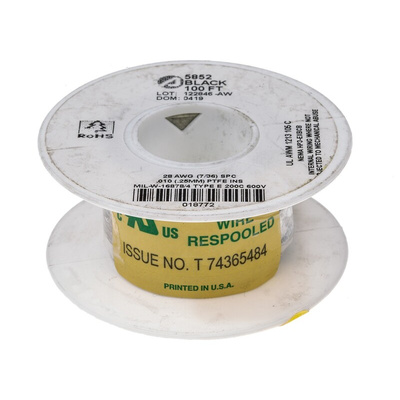 Alpha Wire Premium Series Black 0.09 mm² Hook Up Wire, 28 AWG, 7/0.13 mm, 30m, PTFE Insulation