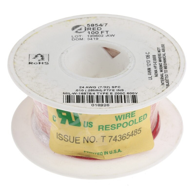 Alpha Wire Premium Series Red 0.23 mm² Hook Up Wire, 24 AWG, 7/0.20 mm, 30m, PTFE Insulation