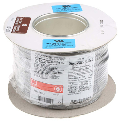 RS PRO Grey 1.5 mm² Hook Up Wire, 30/0.25 mm, 100m