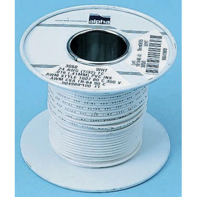 Alpha Wire White 0.75 mm² Hook Up Wire, 18 AWG, 7/0.40 mm, 30m, SR-PVC Insulation