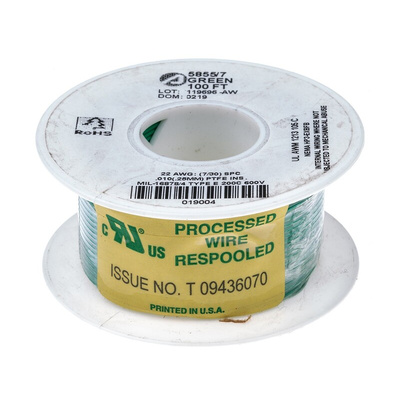 Alpha Wire Premium Series Green 0.35 mm² Hook Up Wire, 22 AWG, 7/0.25 mm, 30m, PTFE Insulation
