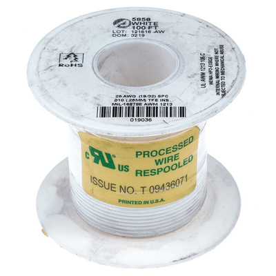 Alpha Wire Premium Series White 0.62 mm² Hook Up Wire, 20 AWG, 19/0.20 mm, 30m, PTFE Insulation