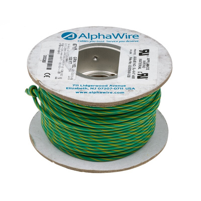 Alpha Wire EcoWire Series Green/Yellow 2.1 mm² Hook Up Wire, 14 AWG, 41/0.25 mm, 30m, MPPE Insulation