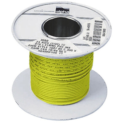 Alpha Wire Yellow 1.3 mm² Hook Up Wire, 16 AWG, 26/0.25 mm, 30m, PVC Insulation