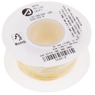 Alpha Wire Yellow 0.2 mm² Hook Up Wire, 24 AWG, 7/0.20 mm, 30m, SR-PVC Insulation