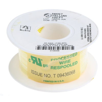 Alpha Wire Premium Series Yellow 0.35 mm² Hook Up Wire, 22 AWG, 7/0.25 mm, 30m, PTFE Insulation