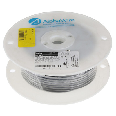 Alpha Wire 3080 Series Black 3.3 mm² Hook Up Wire, 12 AWG, 65/0.25 mm, 30m, PVC Insulation