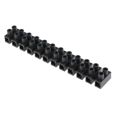 RS PRO Terminal Strip, Straight, 12way, 2 Row, 15mm Fixing Centres, 76A, 400 V, length 175.5mm, Black