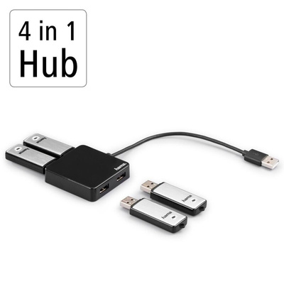 Hama 4 Port USB 2.0 USB A  Hub, USB Powered, 5.6 x 1.3 x 5.6cm