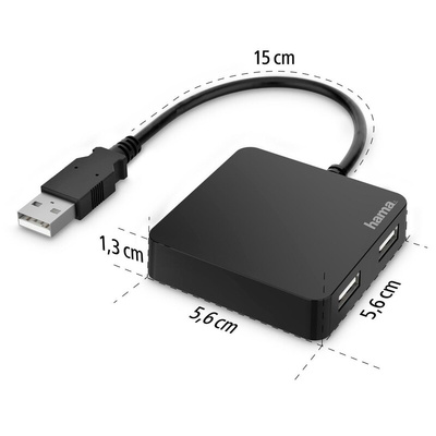 Hama 4 Port USB 2.0 USB A  Hub, USB Powered, 5.6 x 1.3 x 5.6cm